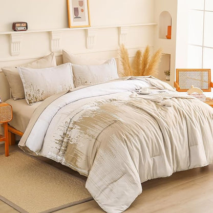 WONGS BEDDING Comforter Set Queen, Ombre Beige 7 Pieces Bed in a Bag Colorful Abstract Art Gradient Comforter Soft Microfiber Bedding Set with Flat Sheet, Fitted Sheet, Pillow Shams, Pillowcases