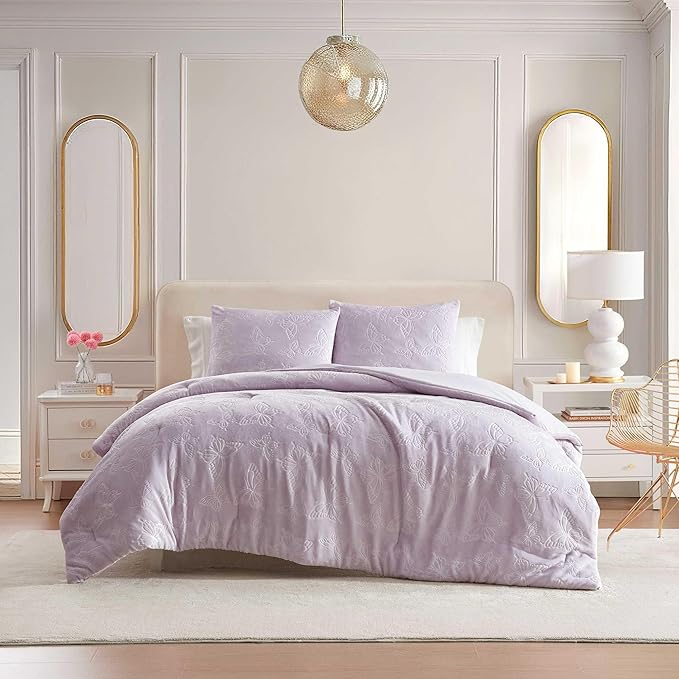 Betsey Johnson - Twin Comforter Set, Lightweight & Soft Plush Bedding with for Year Round Comfort, 2 Piece Bed Set with Matching Pillowcase (Butterfly Embossed Purple)