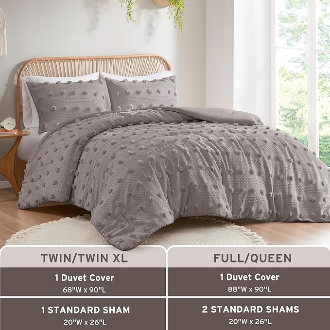 Intelligent Design Twin Duvet Cover Set, Clipped Jacquard Duvet Set Chic Pompoms Accent, All Seasons Lightweight Microfiber Bed Cover for Comforter with 1 Sham, Lucy, Twin/Twin XL Grey 2 Piece