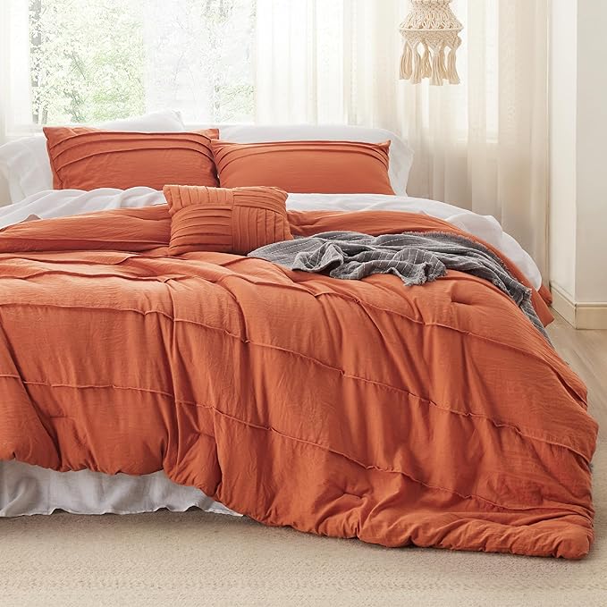 Bedsure Queen Comforter Set - 4 Pieces Pinch Pleat Bed Set, Burnt Orange Boho Bedding for All Season, 1 Soft Comforter, 2 Pillowcases, 1 Decorative Pillow