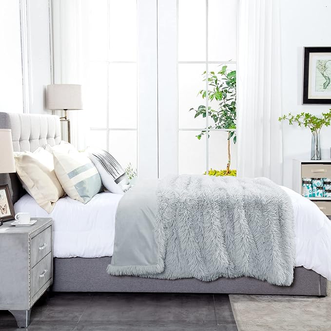 JONIYEAR Oversized Decorative Fluffy Faux Fur Throw Blanket Twin Size 60" x 71",Soft Large Luxury Lightweight Furry Blanket, Accent Cozy Shaggy Plush Thick Warm Fuzzy Blankets for Winter Bed Sofa,Grey