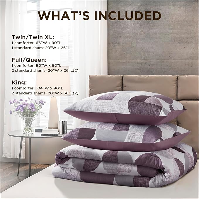 Stylish Three-Tone Printed King Size Comforter Set, 3 Pieces Ultra-Soft Microfiber Bedding Set, Warm and Cozy Comforter for All Seasons, Plum Purple & Grey