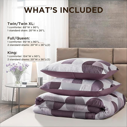 Stylish Three-Tone Printed Twin Size Comforter Set, 2 Pieces Ultra-Soft Microfiber Bedding Set, Warm and Cozy Comforter for All Seasons, Plum Purple & Grey