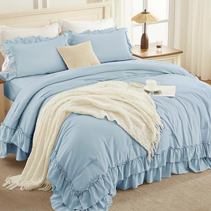 Andency Light Blue Twin Size Comforter Set, 2 Pieces Lightweight Fluffy Ruffle Bedding Set for Dorm, All Season Soft Farmhouse Shabby Chic Bed Set for Kids, College Dorm (66x90In Comforter)
