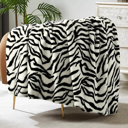 JONIYEAR Soft Fluffy Zebra Print Faux Rabbit Fur Blanket Twin Size 60" x 70", Oversized Luxury Cozy Shaggy Fuzzy Blankets, Reversible Cute Warm Animal Printed Blanket for Winter,Cream White and Black
