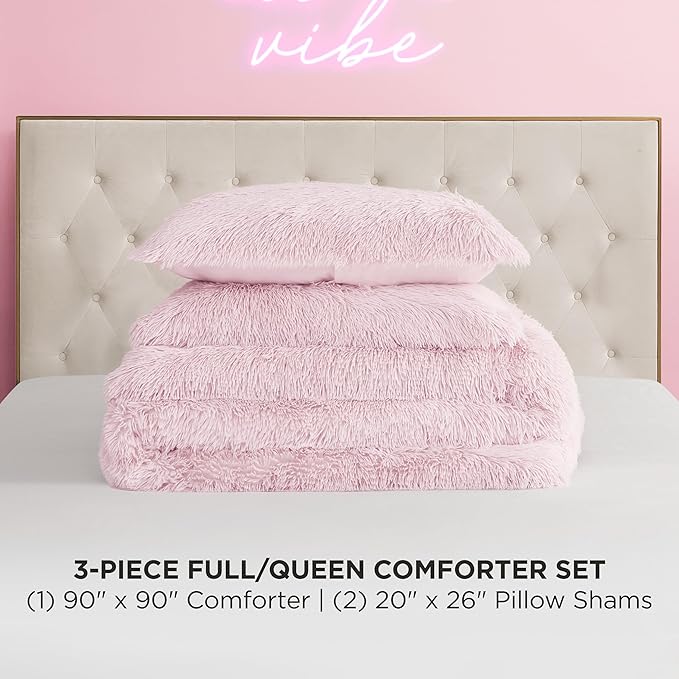 Juicy Couture Shaggy Faux Fur Pink Full/Queen Comforter Set - Soft and Cozy 3-Piece Machine Washable Bedding Comforter and Sham Set