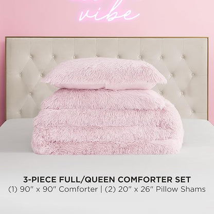 Juicy Couture Shaggy Faux Fur Pink Full/Queen Comforter Set - Soft and Cozy 3-Piece Machine Washable Bedding Comforter and Sham Set