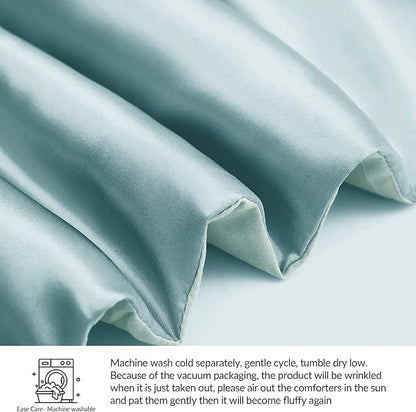 Whale Flotilla 2-Piece Reversible Silky Soft Twin Size Comforter Bedding Set, Luxurious Satin Comforters with Satin Pillowcase, Lightweight Duvet for All Seasons, Haze Blue