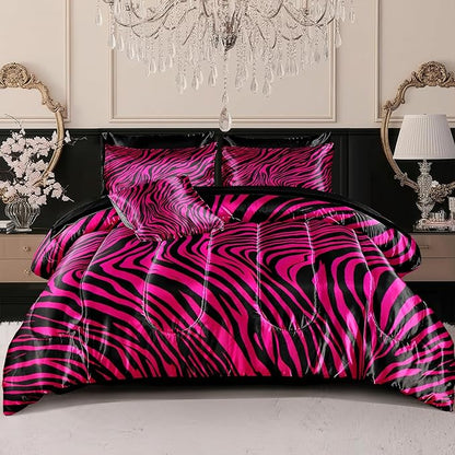 Zebra Print Bedding Set Hot Pink Satin Comforter with Sheets Zebra Stripe Animal Print Africa Wildlife Theme Silk Like Silky Bed in A Bag Black Pink Comforter Sets