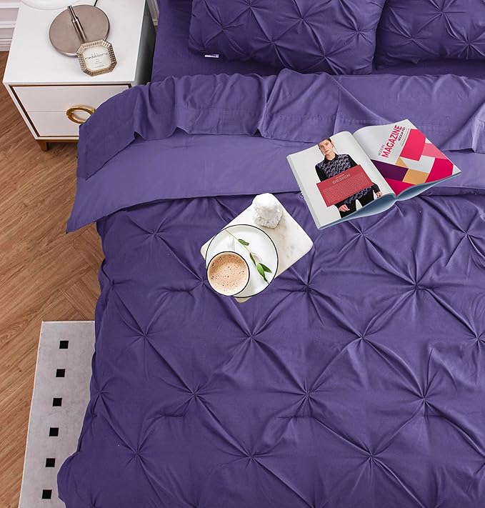 LANE LINEN Queen Size Comforter - Set of 7 Piece - Refined Pintuck Finish for Hotel Style Bedding - Ultra Soft Microfiber All Season Complete Bed in a Bag - Everyday Comfort for Home Bedrooms – Purple | Apartment ready, Ultra smooth fabric, All season ...