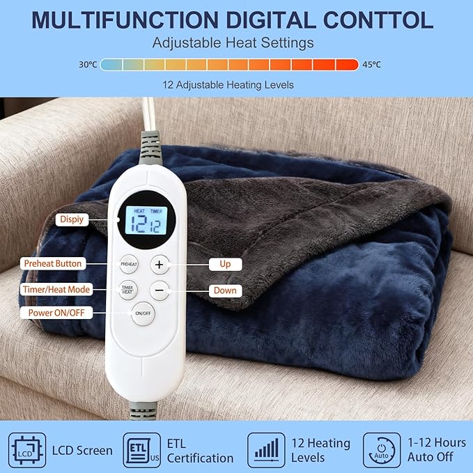 Electric Heated Blanket Throw 50''x60'' – Soft Dual-Sided Flannel, 12 Heat Settings, Smart Timer, ETL & FCC Certified, Machine Washable (Blue & Gray, Single(50"x60"))