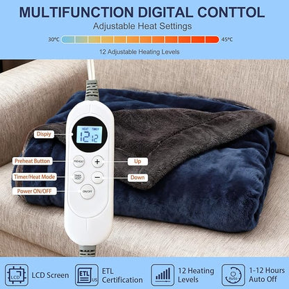 Electric Heated Blanket Throw 50''x60'' – Soft Dual-Sided Flannel, 12 Heat Settings, Smart Timer, ETL & FCC Certified, Machine Washable (Blue & Gray, Single(50"x60"))