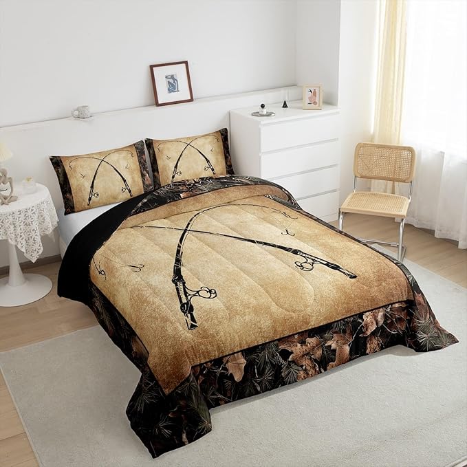 Erosebridal Rustic Fishing Twin Comforter Set Gifts for Kids Boys Men Women,Retro Camo Fishing Rod Bedding Set Country Farmhouse Lake Cabin Quilt Bedding Sets Tree Branch Camouflage Bed Set 2 Pcs