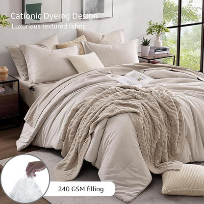 Monbix California King Comforter Set - 7 Pieces Cationic Dyeing Oatmeal Bed in a Bag Cal King Bed Sets with Comforter, Sheets, Pillowcases & Shams, Reversible Bedding Comforters Sets
