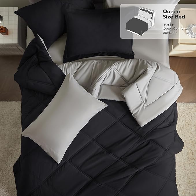 Joiedomi Queen Comforter Set with Sheets Black, 7 Pieces Queen Bed Set with 1 Down Alternative Comforter, 1 Flat Sheet, 1 Fitted Sheet, 2 Pillowcases and 2 Pillow Shams, Bed in a Bag for All Seasons