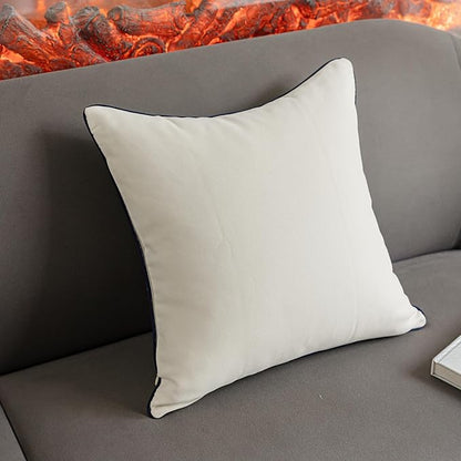 Throw Pillow Covers with Insert Included, with Embroidered Detail, 18 x 18 inches, Decorative Throw Pillow for Sofa Couch Bed (Cream (Navy Trim), 18" L x 18" W)