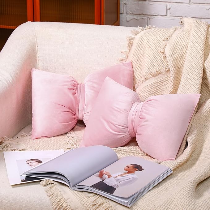 Pink 2 Pcs Bow Pillow 12 x 18 Inch Coquette Throw Pillows Large Bow Shaped Velvet Cushion Coquette Decorative for Girls Room Bed Sofa Couch Car Decorations