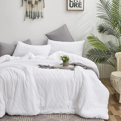 Houseri White Comforter Queen Size Boho Set Full Tufted Jacquard Bedding Sets Plain Shabby Chic Farmhouse Girls All Bed