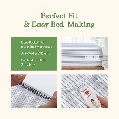 California Design Den Stripe Sheets Queen Size Set - 100% Organic Cotton, Soft and Crisp Percale, Durable Deep Pocket Queen Sheets & Pillowcase Set - Blue Stripe