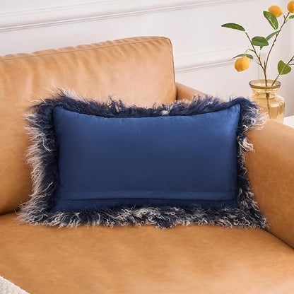 Genuine Mongolian Lamb Fur Pillow Cover – 12"x20" Rectangular Cushion Case – Soft Curly Wool Decorative Accent for Sofa, Bed, or Chair (Frosted Blue)