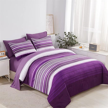 KAKIJUMN 7 Piece Bed in a Bag Stripe Comforter Set Queen Size, White and Purple Patchwork Striped Comforter and Sheet Set, All Season Soft Microfiber Complete Bedding Sets(Purple,Queen)