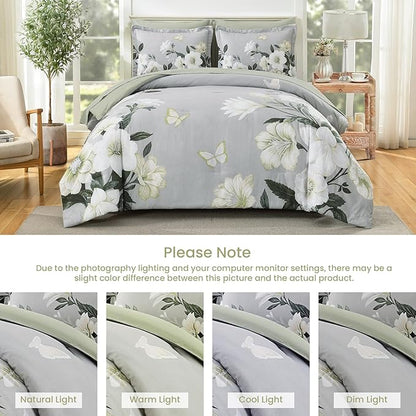 King Size Comforter Set - 7 Pieces Floral Comforter Set, Elegant Sage Green Flower Bed in a Bag King Soft Microfiber Bedding Set for All Seasons (Sage Green,104"x90")
