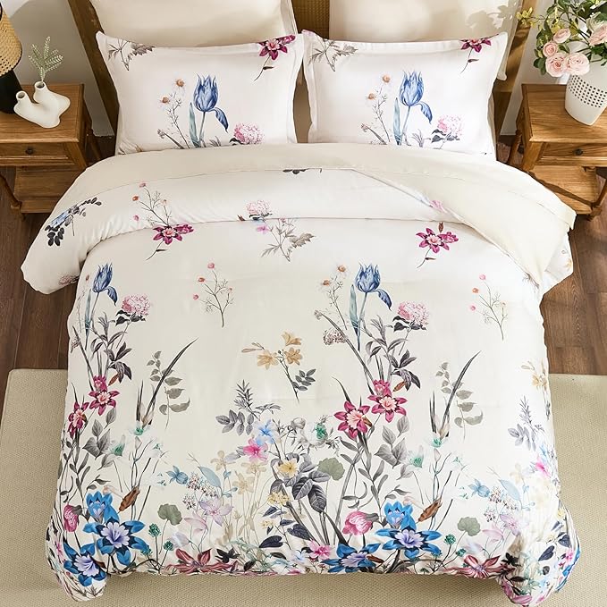 WONGS BEDDING Floral Comforter Set King, 7 Piece Beige Bed in a Bag Bedding Set with Botanical Flowers Patterns, Soft Lightweight Complete Comforters with Sheets for All Season