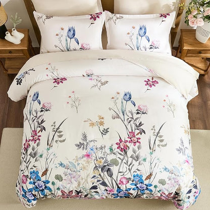 WONGS BEDDING Floral Comforter Set King, 7 Piece Beige Bed in a Bag Bedding Set with Botanical Flowers Patterns, Soft Lightweight Complete Comforters with Sheets for All Season