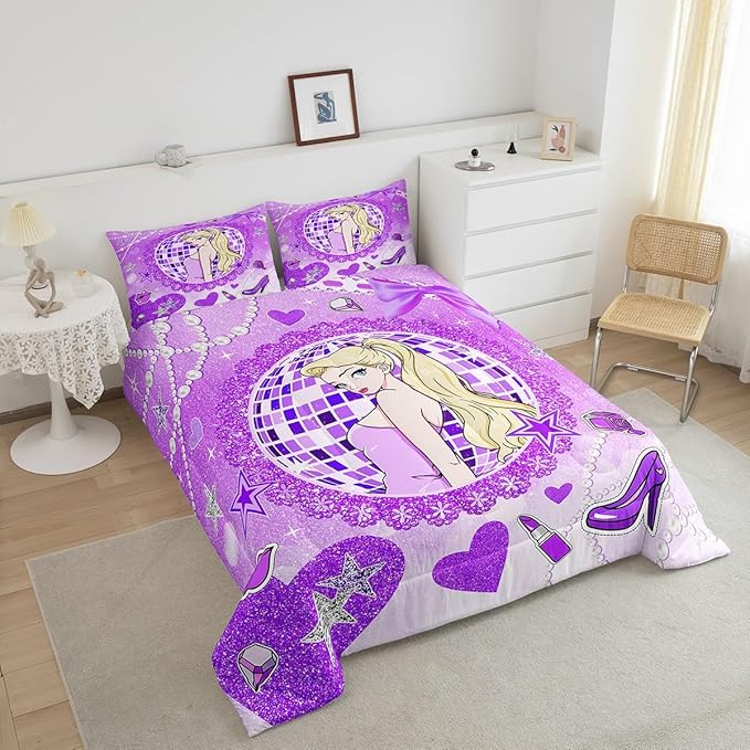 Girly Princess Kids Comforter Set Full Size,High-heeled Shoes Lip Bowknot Romantic Bedding Set,Girls Women Room Decor,Glitter Sequin Diamond Down Comforter,Purple Dreamy Duvet Insert,2 Pillowcases