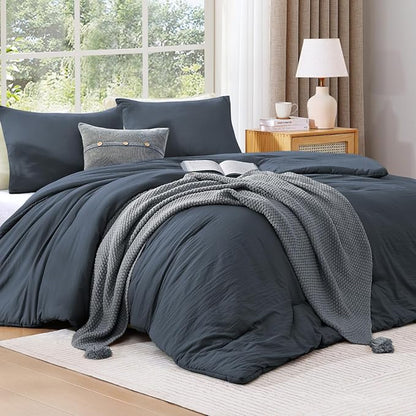 WRENSONGE Full Size Comforter Sets - 3 Pieces Blue Grey Comforter Prewashed Soft Lightweight for All Seasons, Fluffy Down Alternative Comforter Full Size with 2 Pillow Shams