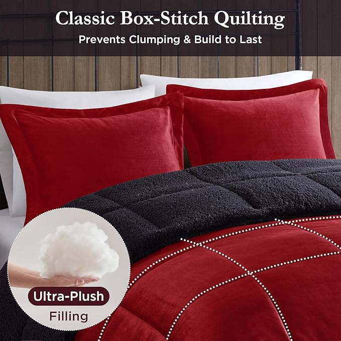 Woolrich Reversible Comforter Set Ultra Soft Plush to Sherpa, Down Alternative, Cold Weather Winter Warm Bedding, with Matching Sham, Decorative Pillow Red/Black King 3 Piece