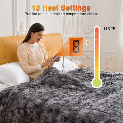 WOOMER Heated Blanket Queen Size 84" x 90", Electric Blanket with 0.5-12 Hours Timer & 10 Heating Levels, ETL Certified, Marble Gray Double-Sided Faux Fur, Machine Washable