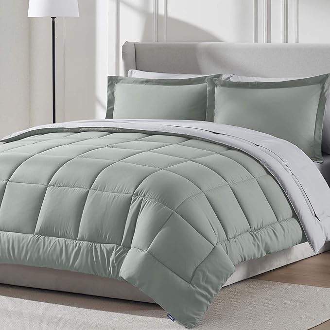 Nestl 7 Piece King Comforter Set – Sage Green Reversible Bed in a Bag – Complete King Size Bedding Set with Sheets, Pillowcases and Shams