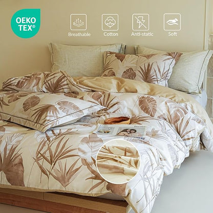 Cotton Queen Size Comforter Set, 3Pcs All Seasons Floral Duvet with Corner Tabs,Beige Soft Bedding Set, 1 Lightweight Comforter and 2 Pillow Shams