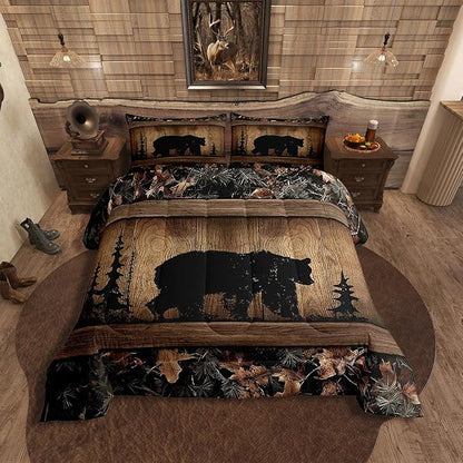 Erosebridal Rustic Farmhouse Comforter Set Country Cabin Bear Bedding Set Twin,Tree Branches Woodland Camo Hunting Wildlife Bedding Comforter Sets for Teen Boys Men Camouflage Animal Quilt Set
