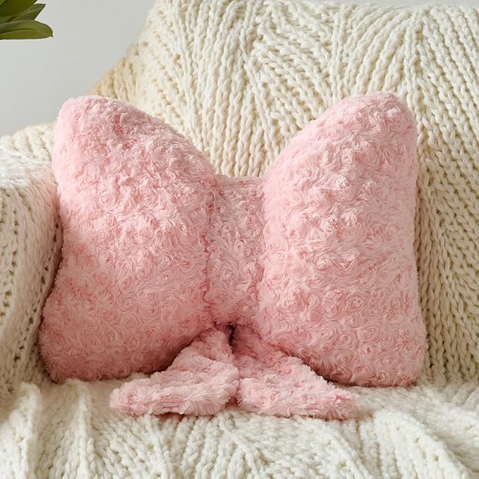 Bow Pillow, Decorative Bow Pillows with Soft Plush for Couch Bed, Bow Shaped Throw Pillow Room Decor for Bedroom, Bow Decorative Pillow for Living Room (Pink, Large-16 Inches)