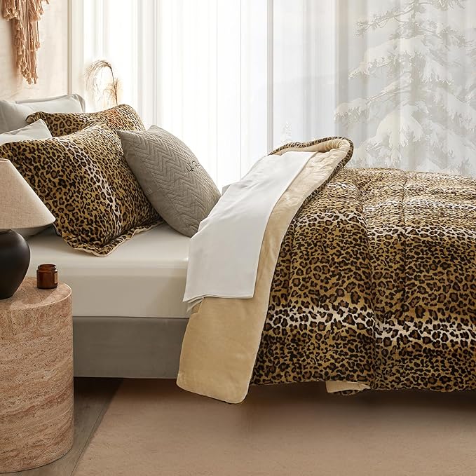 Petrichor Leopard Velvet Flannel Twin Comforter Set-Cheetah Print Western Blanket,Luxury Fuzzy Heavy Bedding Set, 2 Pieces Plush Winter Bed Set with Comforter (68"x88") & 1 Pillow Shams (20"x26")
