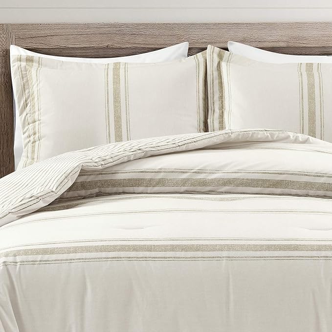Lush Decor Farmhouse Stripe Reversible Cotton Comforter Set, 3 Piece Set, King, Neutral - Cozy Farmhouse Bedding Set - Rustic Decor - Striped Comforter - Modern Farmhouse Bedroom Decor