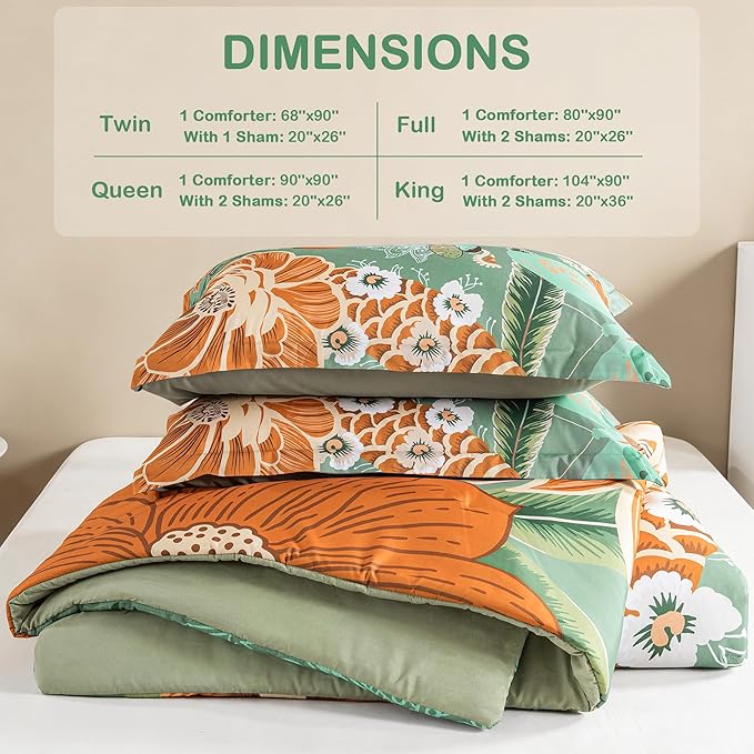 Sage Green Boho Floral Queen Comforter Set - 3 Piece Farmhouse Botanical Bedding Comforter Sets for All Season Soft Lightweight Mid Century Bed Set, (1 Reversible Comforter and 2 Pillow Shams