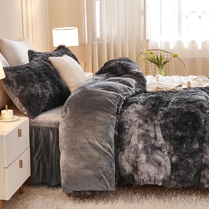 Andency Faux Fur Tie-Dyed Dark Grey Comforter Set Full Size, 3 Pieces Fluffy Fuzzy Plush Bedding Comforter Set (1 Shaggy Velvet Comforter & 2 Pillowcases), Soft Puffy Down Comforter Bedding Set