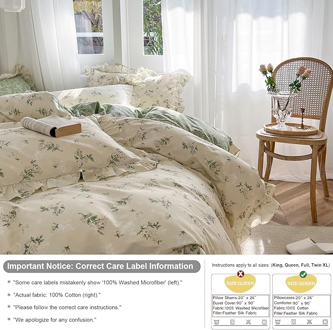 mixinni Cottagecore Floral Comforter Set Queen Size - 3 Piece Soft Reversible Ruffled Lace Botanical Duvet Cover with Pillow Shams, Light Beige & Green Leaf Print, Spring Bedding for Girls
