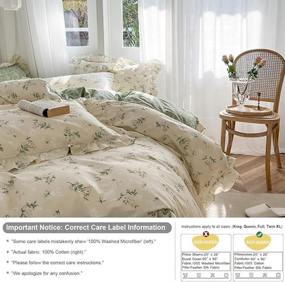 mixinni Cottagecore Floral Comforter Set Queen Size - 3 Piece Soft Reversible Ruffled Lace Botanical Duvet Cover with Pillow Shams, Light Beige & Green Leaf Print, Spring Bedding for Girls