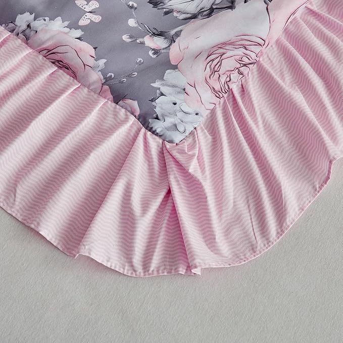 Flower Comforter Set Twin Size 68 * 86in - Gray Pink Floral with Leave Style -3 Pieces Shabby Chic Farmhouse Bedding with Ruffled Fringe Rustic Lightweight Botantical Ruffle Comforter with Shams