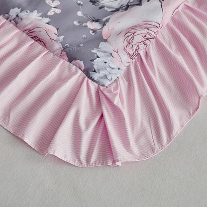 Flower Comforter Set Twin Size 68 * 86in - Gray Pink Floral with Leave Style -3 Pieces Shabby Chic Farmhouse Bedding with Ruffled Fringe Rustic Lightweight Botantical Ruffle Comforter with Shams