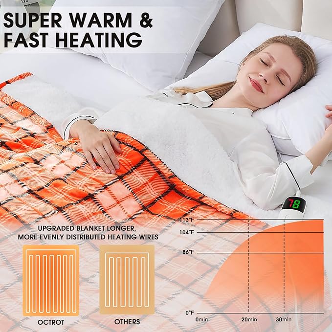 Orange Heated Throw Blanket Electric, 50X60 Heating Throw with 10 Heats Levels&8 Hours Auto Off&Timer for Lap, Plaid Soft Sherpa Orange Blanket Warmer Gift for Women Adults,Halloween Home Decor