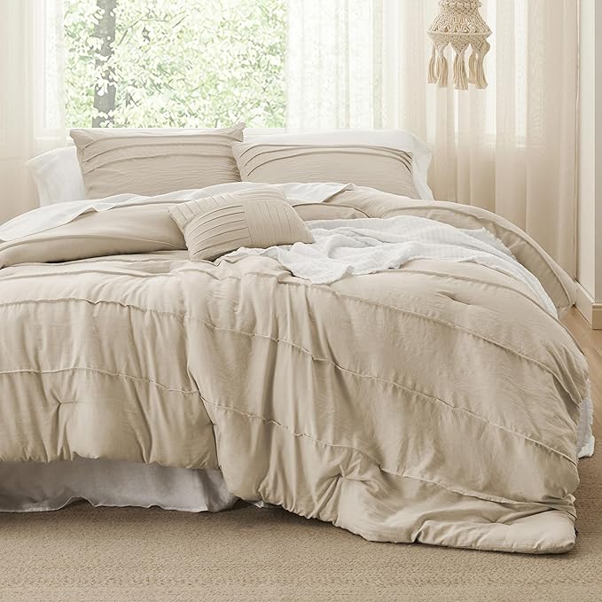 Bedsure King Comforter Set - 4 Pieces Pinch Pleat Bed Set, Linen Boho Bedding for All Season, 1 Soft Comforter, 2 Pillowcases, 1 Decorative Pillow
