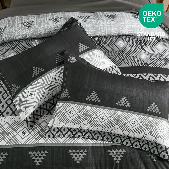 Xruibed Black Queen Comforter Set 7 Pieces, Black Grey Boho Striped Bed in a Bag Queen Size Soft Microfiber All Season Bedding Set with Comforter, Sheets, Pillowcases & Shams(90"×90")