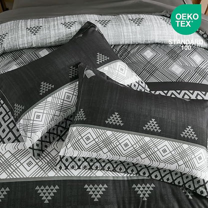 Xruibed Black Queen Comforter Set 7 Pieces, Black Grey Boho Striped Bed in a Bag Queen Size Soft Microfiber All Season Bedding Set with Comforter, Sheets, Pillowcases & Shams(90"×90")