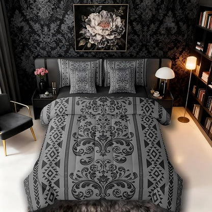 Comforter Set Twin Size, Grey Black Aztec Damask 7 Pcs Bedding for Kids and Adults, Western Goth Floral Victorian Bed Sheet Sets with Fitted Sheet 2 Pillowcases & 2 Shams for Bedroom Bed Decor