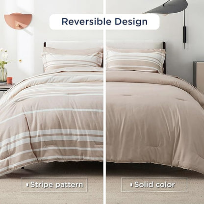 Bedsure Queen Comforter Set 7 Pieces, Light Camel Striped Bedding Set for All Seasons, Reversible, Cationic Dyeing Bed in a Bag with Comforter, Sheets, Pillowcases & Shams